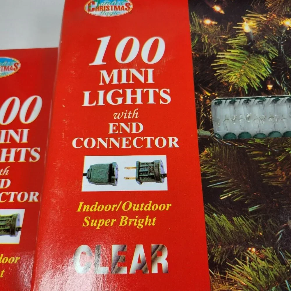 Lot of 2 Santa's Magic 100ct Mini String Lights NEW Clear White Bulb/Green Wire